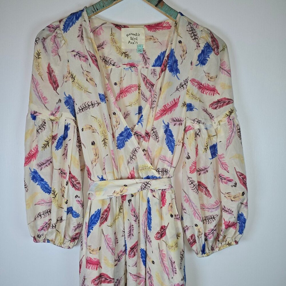 Nathalie Lete Paris Galah Feather 100% Silk Midi A-Line Dress, Sz 8 - Picture 2 of 9